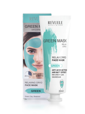 Fotoja e Maskë e gjelbër për fytyrë Revuele Green Mask Relax Cryo Anti-Acne, 80 mlpër pastrimin e fytyrës me efekt ftohës REVUELE Anti-Acne Cryo Effect 80ml