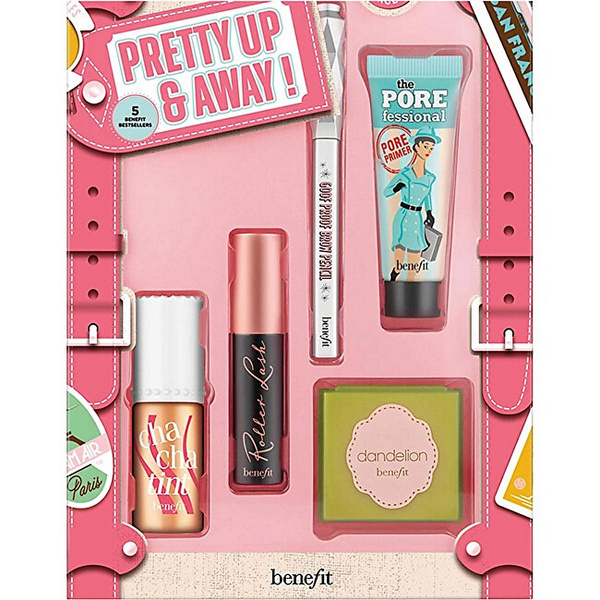 Fotoja e Set - balsam për buzë dhe faqe Chacha Tint 6 ml + maskarë Roller Lash 3 g + laps për vetulla Goof Proof 0.17 ml + bazë për grim 7.5 ml + pudër 1. 5 g, Benefit Pretty Up & Away