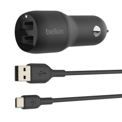 Fotoja e Karikues për veturë Belkin Boost Charge Dual USB-A 24W + kabllo USB-A - USB-C, i zi