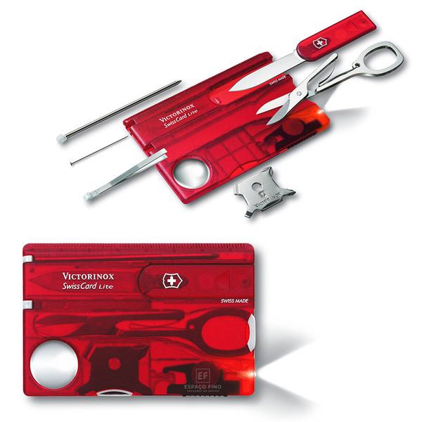 Fotoja e Set me vegla multifunksionale Victorinox "SwissCard Lite" (me drite), e kuqe e tejdukshme