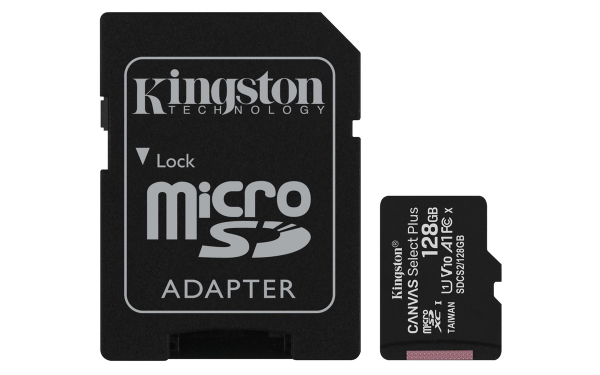 Fotoja e Kartë e memories Kingston Canvas Select Plus, MicroSDXC, 128 GB, Class 10 + përshtatës SD