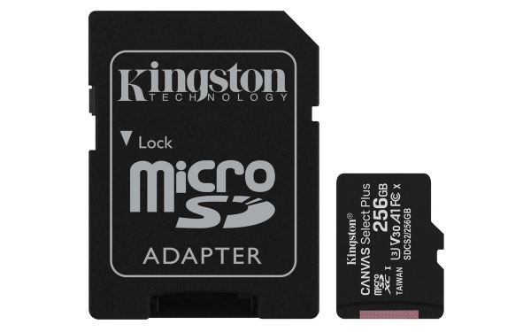 Fotoja e Kartë e memories Kingston Canvas Select Plus, MicroSDXC, 256 GB, Class 10 + përshtatës SD