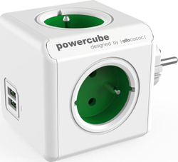 Fotoja e Priza ndarëse PowerCube Original (2202GN/FROUPC), 4 slote, 2 porte USB, të bardha / gjelbra