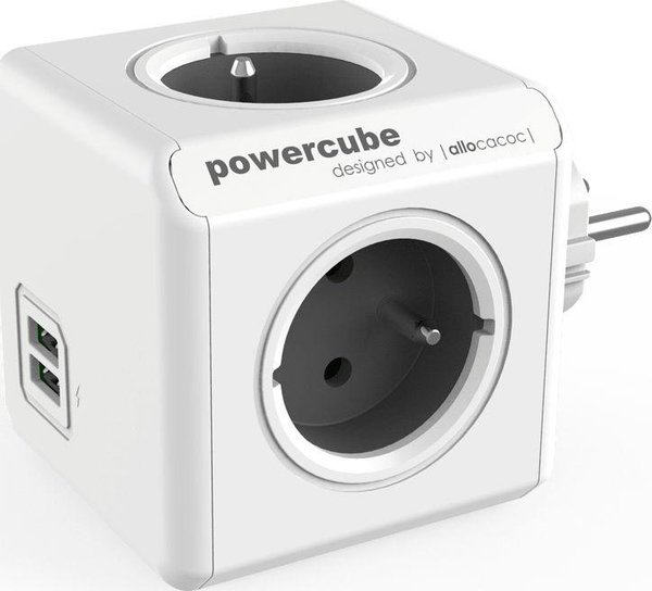 Fotoja e Priza ndarëse PowerCube, 4 slote, me port USB, të bardha/hirta