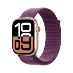 Fotoja e Apple Watch Series 10 GPS, 46mm, Rose Gold Aluminum Case with Plum Sport Loop