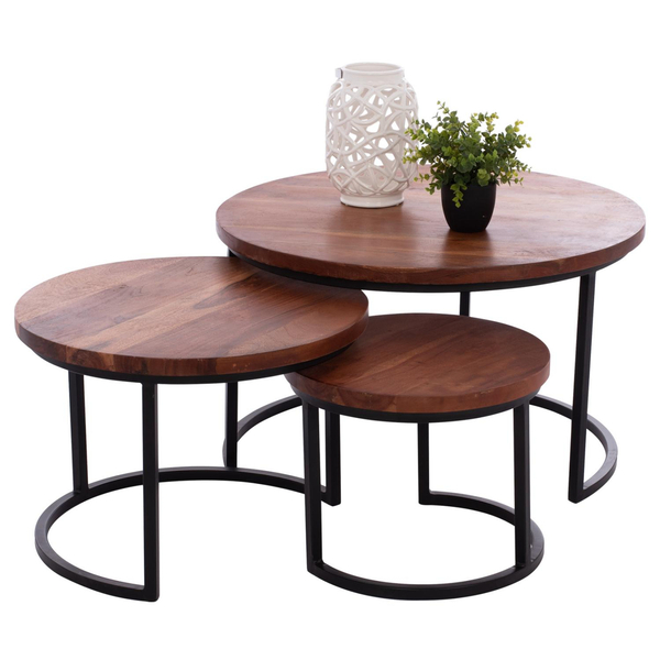 Fotoja e Set 3 tavolina “Obi” acacia + metal 78×78×47 cm (HM9255), zezë