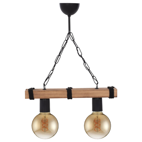 Fotoja e Llambë e varur tavani 2-drita, plank dru + zinxhir, 40×10×45 cm (HM7698.01)