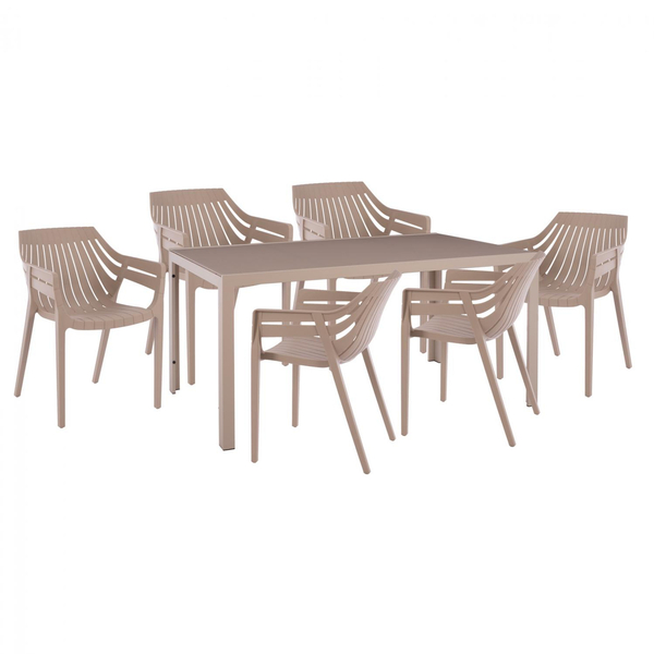 Fotoja e Set Tavolinë cappuccino 150×90 cm + 6 karrige polipropileni,"HM11502", bezhë