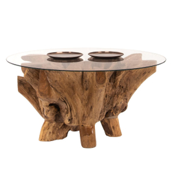 Fotoja e Tavolinë për kafe e rrumbullakët rrënjë teak xham 100×46 cm (HM9392)