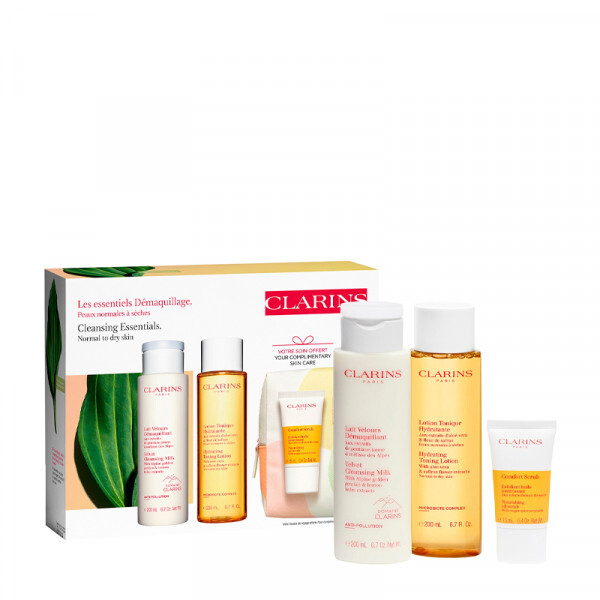 Fotoja e Set Losion tonifikues 200 ml + Qumësht Pastrues 200 ml + Skrab Ushqyes me Vaj 15 ml + Qantë dhurate Clarins Clarins Cleansing Essentials