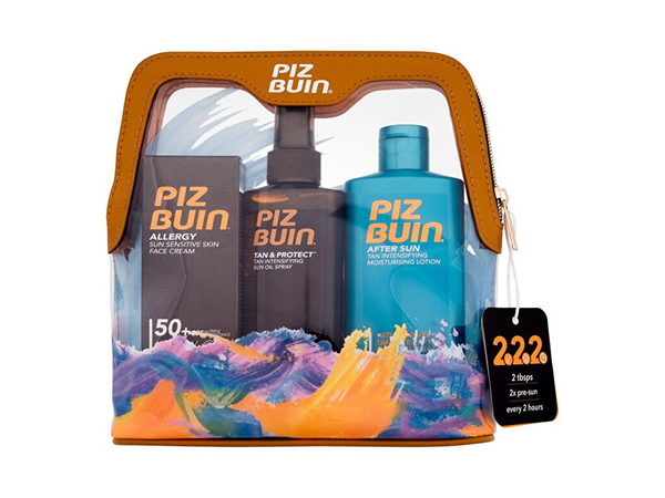 Fotoja e Set Vaj për nxirje 150 ml + Krem fytyre me mbrojtje të lartë SPF 50+ 50 ml + Losion pas dielli 200 ml + Çantë kozmetike Piz Buin