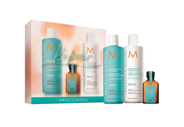 Fotoja e Set për femra Moroccanoil Repair Spring Kit, shampo për flokë 250 ml + balsam 250 ml + trajtim për flokë 25 ml