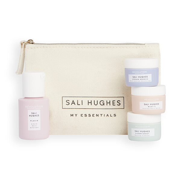 Fotoja e Set Revolution Skincare X Sali Hughes, Xhel pastrues për fytyrë 10 ml + Tonik eksfoliues për lëkurë 30 ml + Serum për lëkurë 10 ml + Krem hidratues për lëkurën 10 ml + Çantë kozmetike