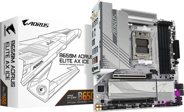 Fotoja e Pllakë amë Gigabyte B650M AORUS ELITE AX ICE, AMD B650, Socket AM5, 4 slota, Bluetooth, Wi-Fi 6, Micro ATX
