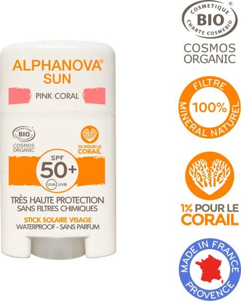 Fotoja e Krem për mbrojtje nga dielli Alphanova Sun, me një shkop me filtër, SPF50+, Pink Coral, 12 g