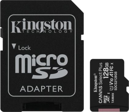 Fotoja e Karta MicroSDXC + karikues Kingston Canvas Select Plus, 128 GB, Klasa 10, UHS-I / U1, A1, V10