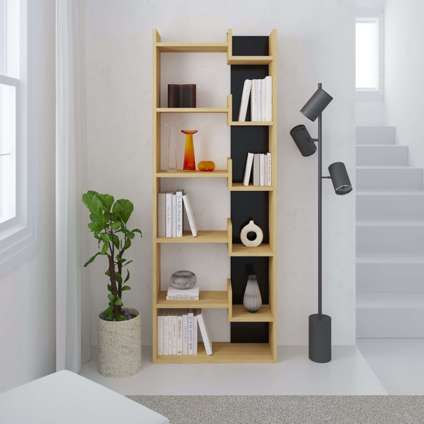Fotoja e Raft për libra Decortie Oppa 69 x 22 x 162cm, kafe e hapur / zezë
