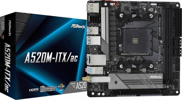 Fotoja e Pllakë amë ASRock A520M-ITX/AC, AMD A520, Socket AM4, 2 slota, Bluetooth / Wi-Fi 5, Mini ITX