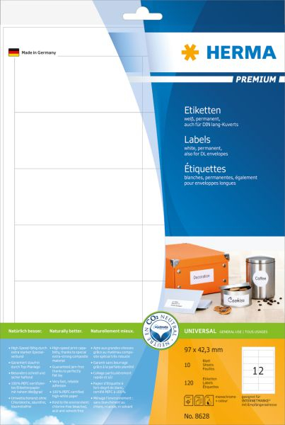 Fotoja e Etiketa universale Herma Premium Labels A4, 97x42.3 mm, 120 copë, të bardha