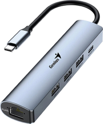 Fotoja e USB Hub Genius USB-C me 3 USB-A / USB-C / RJ-45, i hirtë