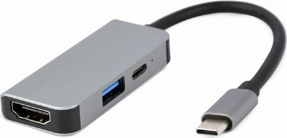 Fotoja e Dock station Gembird 3in1 (A-CM-COMBO3-02), USB-C Station, 1x HDMI, 1x USB 3.0, USB-C, i hirtë