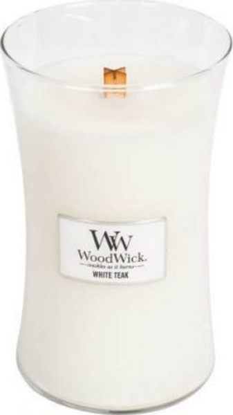 Fotoja e Qiri aromatik WoodWick White Teak, 609.5g, i bardhë