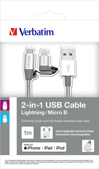 Fotoja e Kabllo USB Verbatim, USB-A - microUSB, Lightning,1 m, e hirtë
