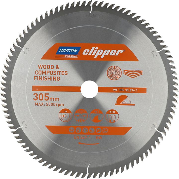 Fotoja e Disk prerës Norton Clipper, 305 mm × 30 mm, 96 dhëmbë ATB për dru dhe kompozitë
