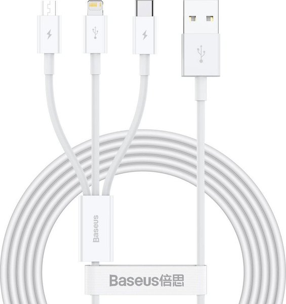 Fotoja e Kabllo Baseus Superior - USB në USB-C, microUSB dhe Lightning, 1.5m, e bardhë