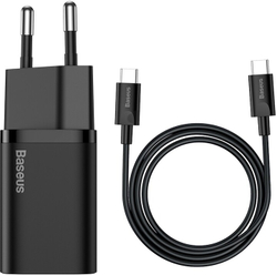 Fotoja e Karikues Baseus Super Si Quick 1C, USB-C, 25W, i zi + kabllo USB-C - USB-C, 3A, 1M, e zezë