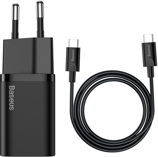 Fotoja e Karikues Baseus Super Si Quick 1C, USB-C, 25W, i zi + kabllo USB-C - USB-C, 3A, 1M, e zezë