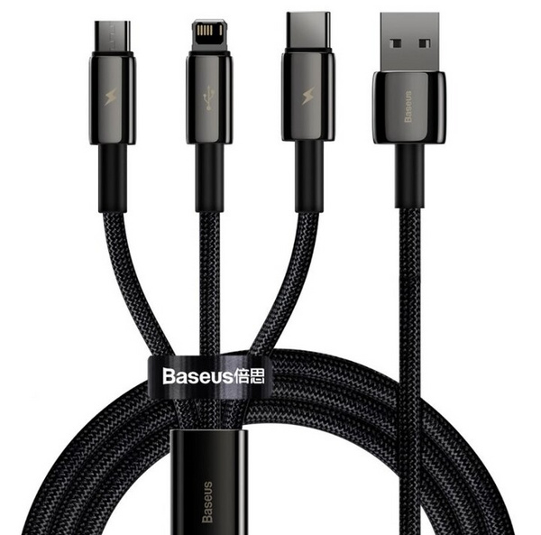 Fotoja e Kabllo karikuese BASEUS Superior 3në1, USB-A - USB-C / micro USB / Lightning, 1.5m, e zezë