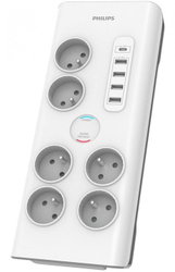 Fotoja e Kabllo me mbrojtje nga mbitensioni Philips, 6 priza, 1x USB-C, 4x USB-A, 2m, e hirtë