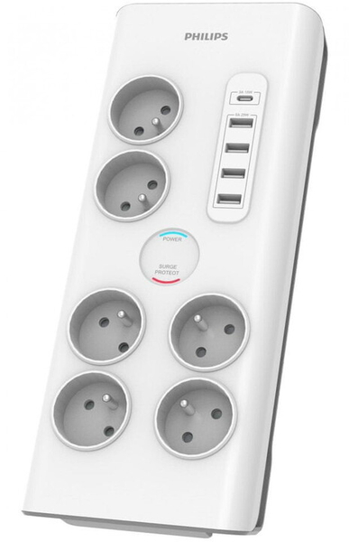 Fotoja e Kabllo me mbrojtje nga mbitensioni Philips, 6 priza, 1x USB-C, 4x USB-A, 2m, e hirtë