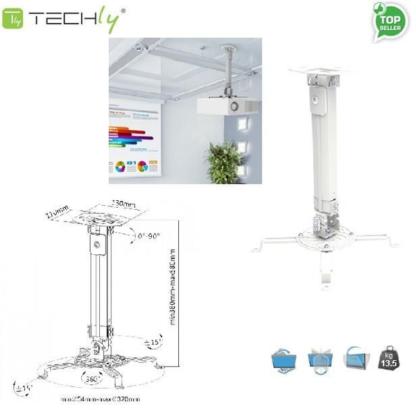 Fotoja e Mbajtës për projektor Techly (309654), për tavan, 38-58cm, i hirtë