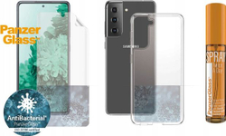 Fotoja e Set PanzerGlass - Fletë mbrojtëse TPU me cilësi të lartë, Kuti ClearCase, Sprej antibakterial 30 ml, për Samsung Galaxy S21