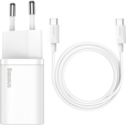 Fotoja e Karikues Baseus Super Si Quick 1C, USB-C, 25W, i bardhë + kabllo USB-C - USB-C, 3A, 1m, e bardhë