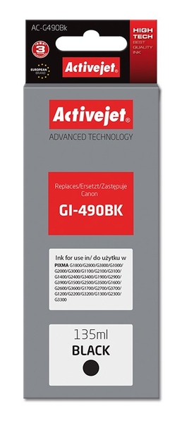 Fotoja e Ngjyrë për printer Activejet AC-G490Bk (zëvendësim për Canon GI-490BK), 135 ml, e zezë