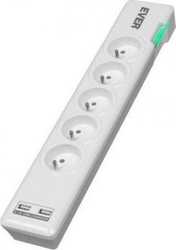 Fotoja e Kabllo energjie Ever Elite, 5x priza, 2x USB, 1.5m, e bardhë