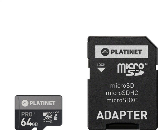 Fotoja e Kartë memorie Platinet Secure Digital MicroSDXC, 64 GB, Class 10 U3 A1 V30 + adapter