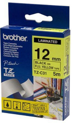Fotoja e Shirit i laminuar për etiketim Brother TZe‑C31, 12mm x 5m, i zi në të verdhë
