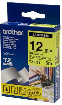 Fotoja e Shirit i laminuar për etiketim Brother TZe‑C31, 12mm x 5m, i zi në të verdhë