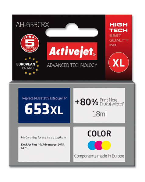 Fotoja e Ngjyrë për printer Activejet AH-653CRX (zëvendësim për HP 653XL 3YM74AE), 18 ml, e kaltër / vjollcë /  e verdhë