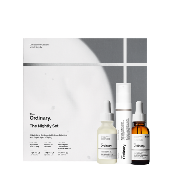 Fotoja e Set The Ordinary The Nightly Set, Serum Hyaluronic Acid 2% + B5 (with Ceramides), 30ml + Trajtues Retinal 0.2% Emulsion, 15ml + Vaj 100% Organic Cold-Pressed Rose Hip Seed Oil, 30ml