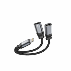 Fotoja e Konvertues Audio SWISSTEN TEXTILE LIGHTNING M/2x LIGHTNING F, 0.12M, i zi