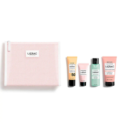 Fotoja e Set për lëkurë Lierac The Beauty Essentials, ujë micelar 50 ml + xhel-krem hidratues 15 ml + losion trupi 50 ml + lëng mbrojtës ndaj diellit SPF50+ 25 ml + çantë kozmetike
