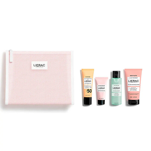 Fotoja e Set për lëkurë Lierac The Beauty Essentials, ujë micelar 50 ml + xhel-krem hidratues 15 ml + losion trupi 50 ml + lëng mbrojtës ndaj diellit SPF50+ 25 ml + çantë kozmetike