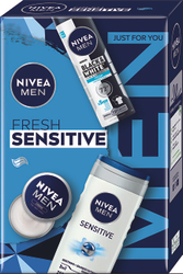 Fotoja e Set për meshkuj Nivea Fresh Sensitive, xhel dushi 250 ml + antiperspirant sprej 150 ml + krem universal për lëkurë 30 ml