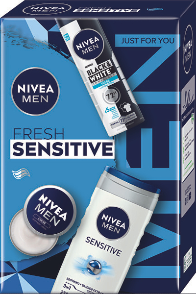 Fotoja e Set për meshkuj Nivea Fresh Sensitive, xhel dushi 250 ml + antiperspirant sprej 150 ml + krem universal për lëkurë 30 ml