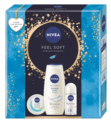 Fotoja e Set për femra Nivea Feel Soft, xhel dushi për trup 250 ml + krem hidratues për lëkurë 100 ml + antiperspirant roll-on 50 ml